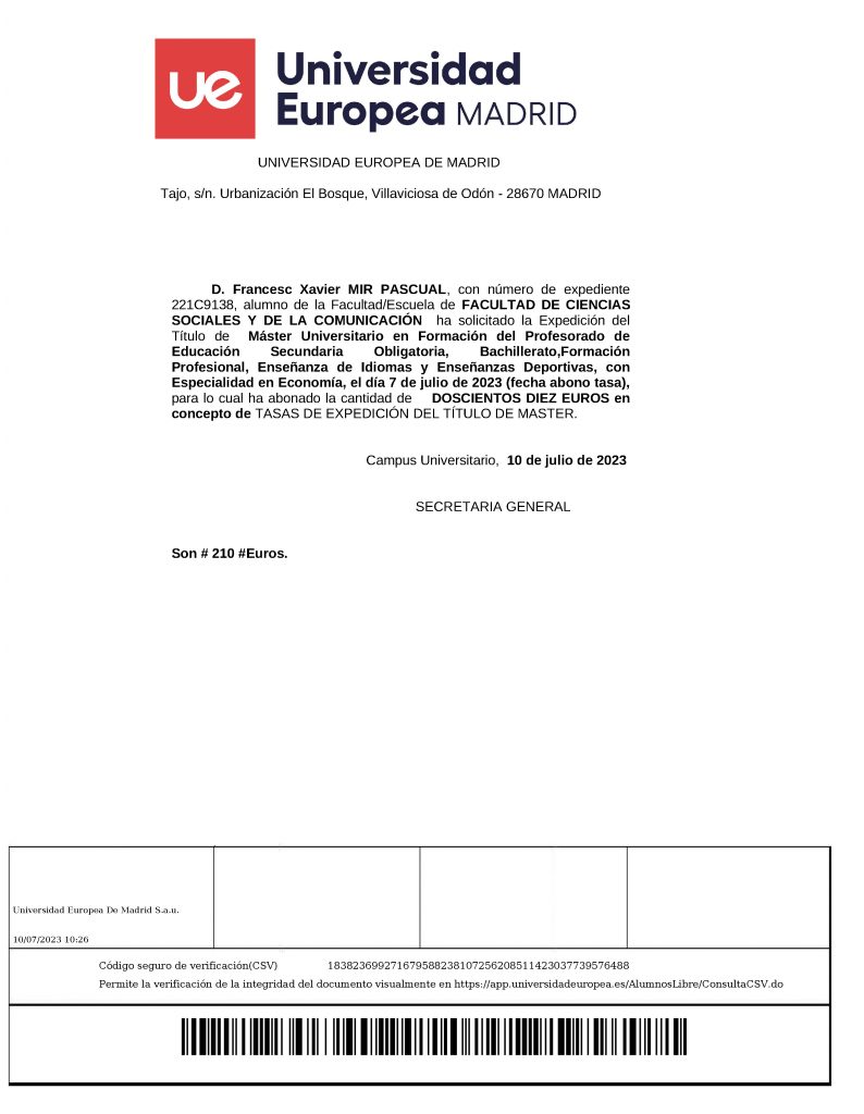 Titulo de Master Universitario en Formación del Profesorado de Xavier Mir, director de Foligade