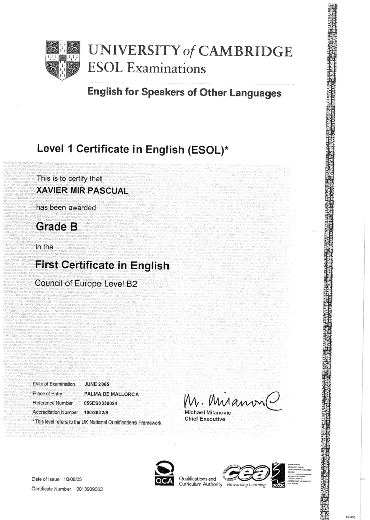 Título de ESOL - English de Xavier Mir, director de la academia universitaria Foligade en Palma de Mallorca